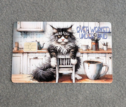 Maine Coon Cat Over Worked Under Paid Credit/Debit Card Sticker, Skin, Cover
